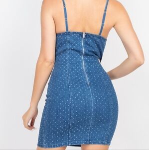 Blue Polka Dot Rhinestone Denim Bustier Dress New Size Medium